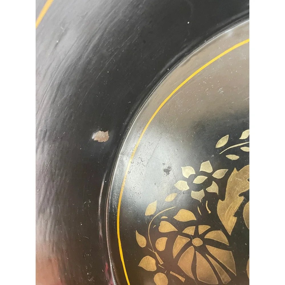 Vintage Toleware Large Round Tin Bowl Black Gold Fruit Basket Hand Painted LARGE